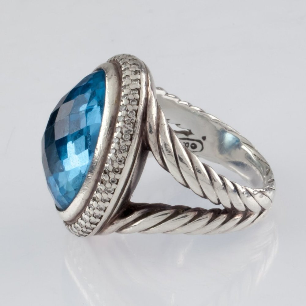 David Yurman Sterling Silver Signature Blue Topaz Ring w/ Diamond Accents Size 6 - Picture 6 of 9